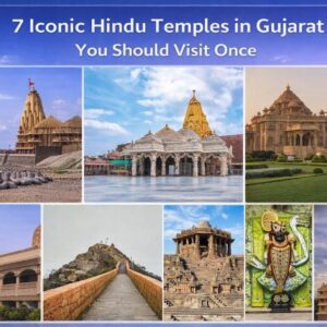 Collage of iconic Hindu temples in Gujarat including Somnath, Dwarkadhish, Akshardham and Modhera Sun Temple