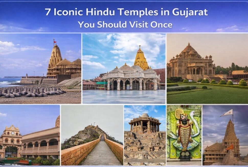 Collage of iconic Hindu temples in Gujarat including Somnath, Dwarkadhish, Akshardham and Modhera Sun Temple