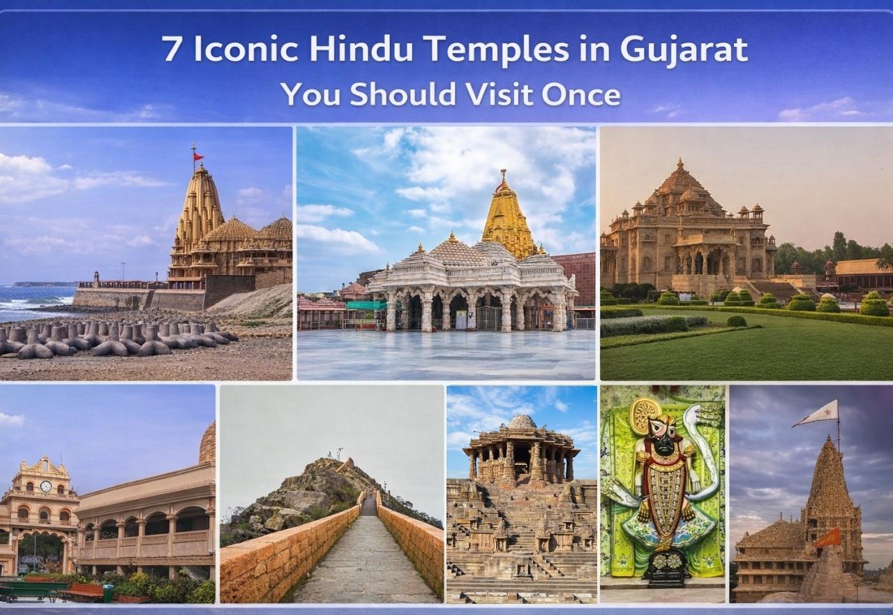 Collage of iconic Hindu temples in Gujarat including Somnath, Dwarkadhish, Akshardham and Modhera Sun Temple