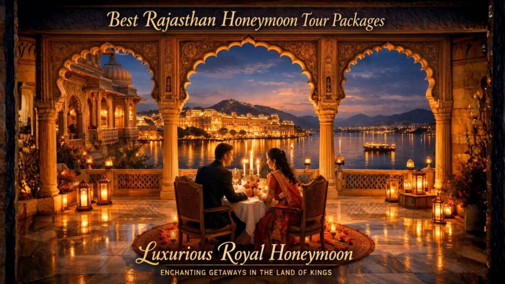 Rajasthan honeymoon tour packages couple enjoying candlelight dinner overlooking Lake Pichola in Udaipur palace