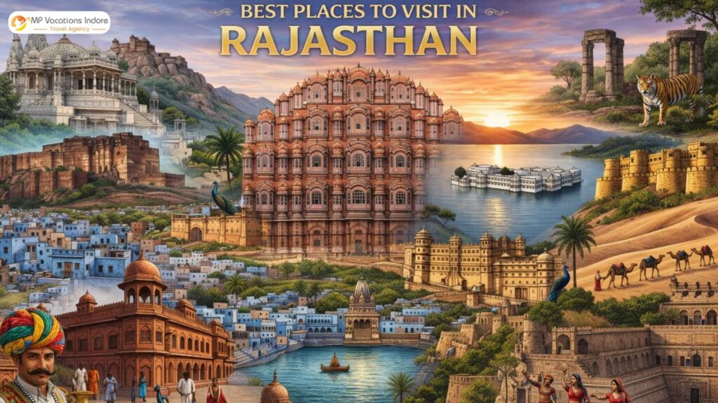 Best places to visit in Rajasthan featuring Hawa Mahal Jaipur, Udaipur Lake Palace, desert camel safari and Rajasthan forts- MPVacation Indore