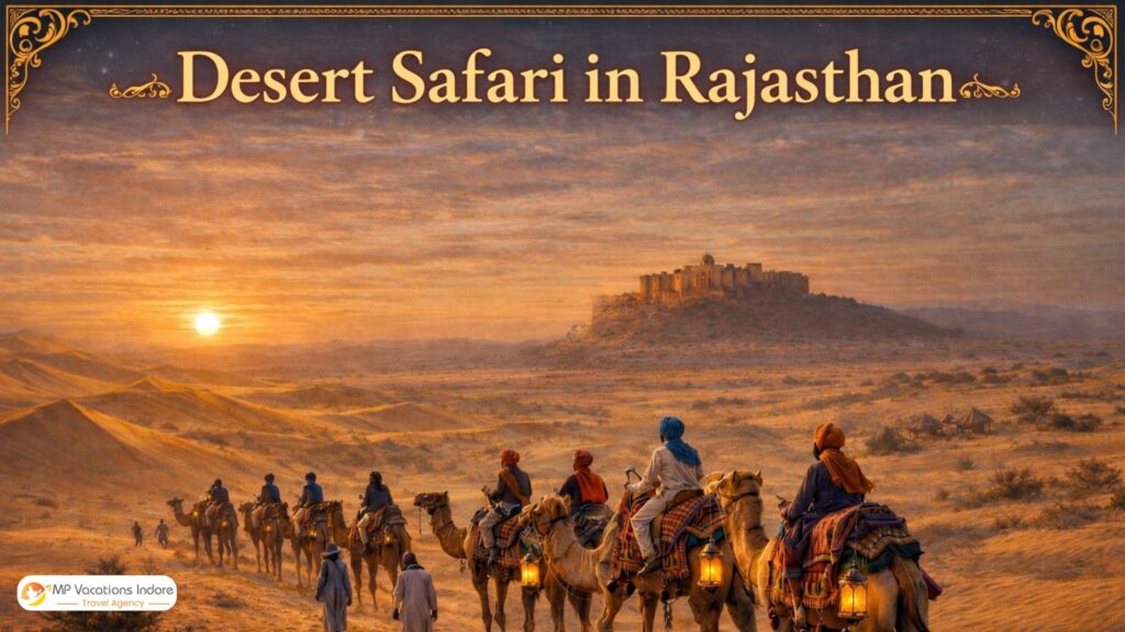 Desert safari in Rajasthan with camel caravan riding across Thar Desert dunes near Jaisalmer at sunset - MPVacation Indore