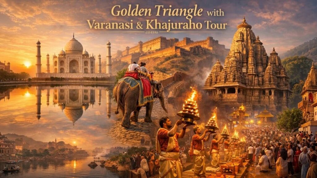 Golden Triangle tour with Varanasi and Khajuraho featuring Taj Mahal, Jaipur fort, elephant ride and Ganga aarti ceremony - MP Vacation Indore