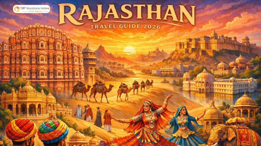 Rajasthan travel guide 2026 featuring Hawa Mahal Jaipur, camel caravan in Thar Desert and royal forts with cultural dancers- MPVacation Indore