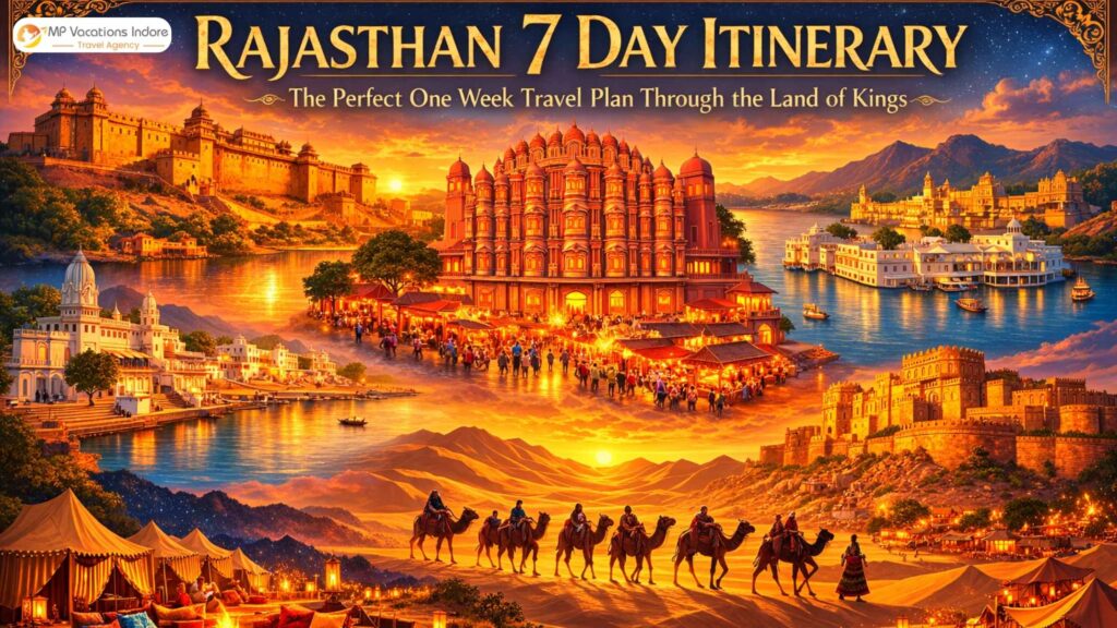 Rajasthan 7 day itinerary travel plan featuring Amber Fort Jaipur, Hawa Mahal, Udaipur Lake Palace and camel safari in Thar Desert - MPVacation Indore