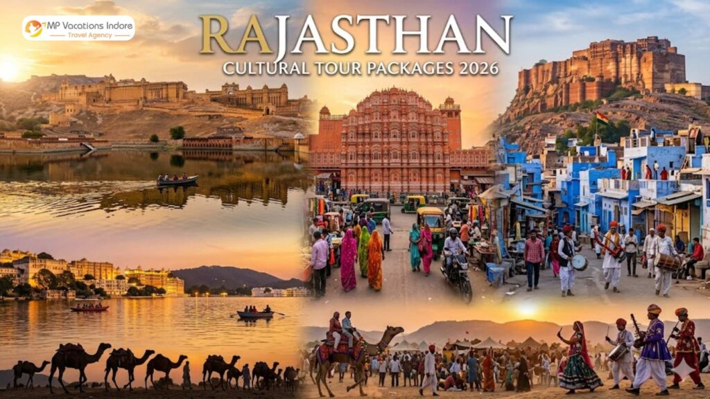 Rajasthan cultural tour packages 2026 showcasing Jaipur Hawa Mahal, Jodhpur blue city, Udaipur lake and desert camel safari