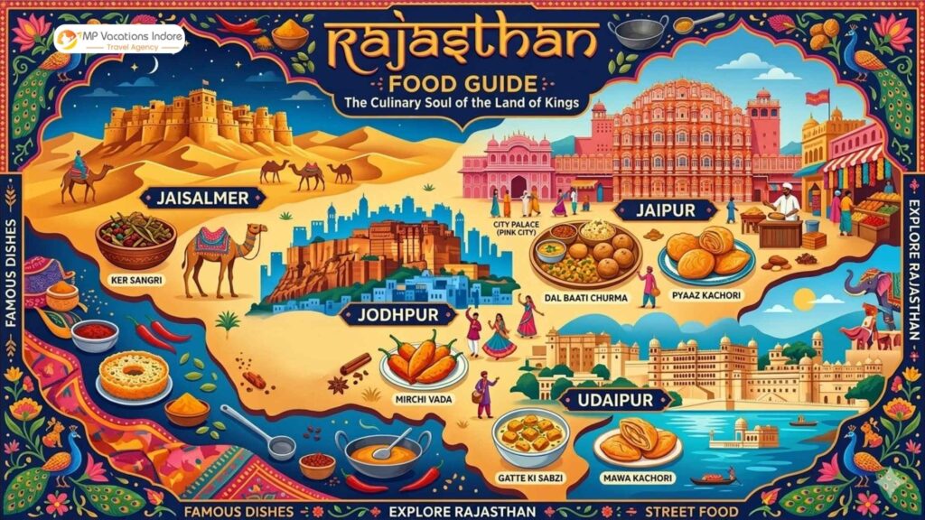 Rajasthan food guide map featuring famous dishes like dal baati churma, ker sangri, mirchi vada and pyaaz kachori across Jaipur, Jodhpur, Udaipur and Jaisalmer - MPVacation Indore