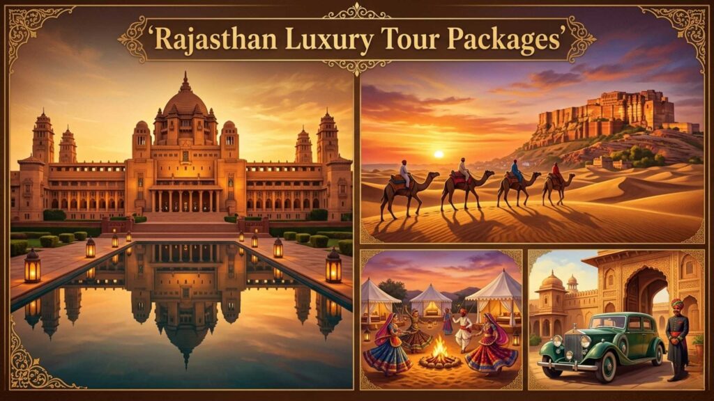 Rajasthan luxury tour packages collage featuring Umaid Bhawan Palace, camel safari at sunset in Thar Desert, Rajasthani folk dance at desert camp, and vintage royal car at heritage fort — by MP Vacation Indore
