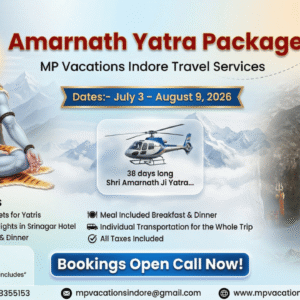 Amarnath Yatra Package 2026 with helicopter service, Lord Shiva illustration, and Amarnath cave pilgrimage details by MP Vacations Indore