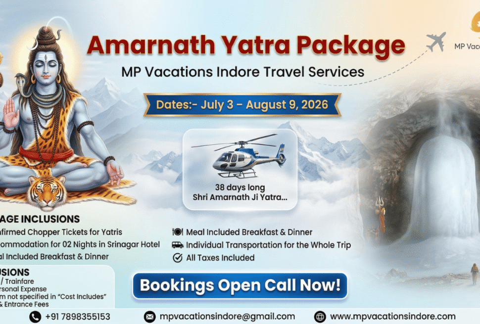 Amarnath Yatra Package 2026 with helicopter service, Lord Shiva illustration, and Amarnath cave pilgrimage details by MP Vacations Indore