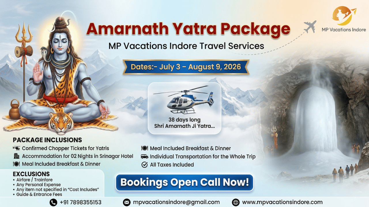 Amarnath Yatra Package 2026 with helicopter service, Lord Shiva illustration, and Amarnath cave pilgrimage details by MP Vacations Indore