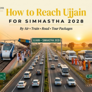 Travelers reaching Ujjain for Simhastha 2028 by airplane, train, bus and highway with Mahakaleshwar Temple visible in the background.