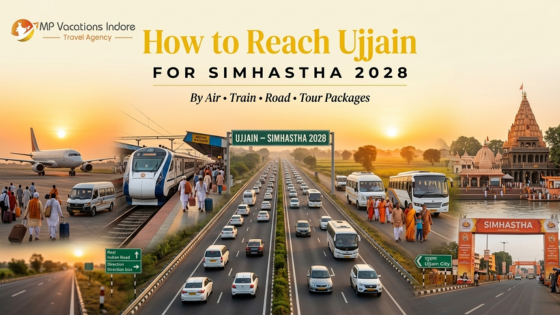 Travelers reaching Ujjain for Simhastha 2028 by airplane, train, bus and highway with Mahakaleshwar Temple visible in the background.