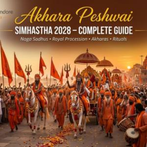 Naga sadhus, decorated horses, saffron flags and devotees participating in the grand Akhara Peshwai procession during Ujjain Simhastha 2028 at sunrise.