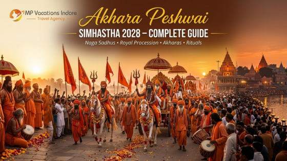 Naga sadhus, decorated horses, saffron flags and devotees participating in the grand Akhara Peshwai procession during Ujjain Simhastha 2028 at sunrise.