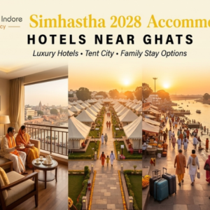Luxury hotels, tent city accommodations, and pilgrims staying near Ram Ghat during Ujjain Simhastha 2028 with Mahakaleshwar Temple visible in the background.