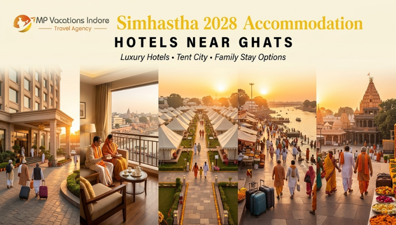 Luxury hotels, tent city accommodations, and pilgrims staying near Ram Ghat during Ujjain Simhastha 2028 with Mahakaleshwar Temple visible in the background.