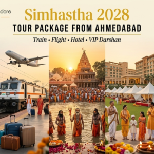 Ahmedabad pilgrims travelling to Ujjain Simhastha 2028 with Sabarmati Riverfront, train and flight travel, Mahakaleshwar Temple, Kshipra River and VIP darshan services.