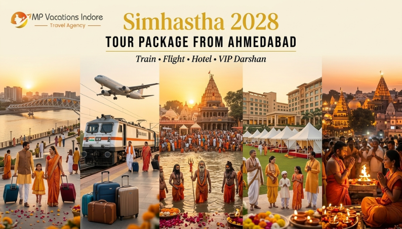 Ahmedabad pilgrims travelling to Ujjain Simhastha 2028 with Sabarmati Riverfront, train and flight travel, Mahakaleshwar Temple, Kshipra River and VIP darshan services.