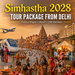 Delhi pilgrims travelling to Ujjain Simhastha 2028 with India Gate, train and flight travel, Mahakaleshwar Temple, Kshipra River and VIP darshan services.