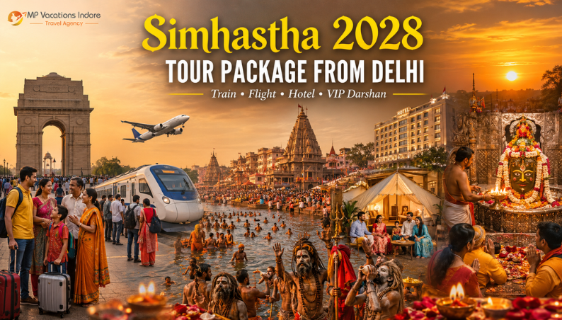Delhi pilgrims travelling to Ujjain Simhastha 2028 with India Gate, train and flight travel, Mahakaleshwar Temple, Kshipra River and VIP darshan services.