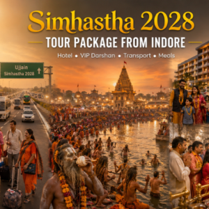 Pilgrims travelling from Indore to Ujjain Simhastha 2028 with highway journey, Mahakaleshwar Temple, Kshipra River, accommodation and VIP darshan experience.