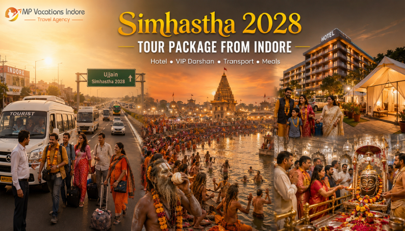Pilgrims travelling from Indore to Ujjain Simhastha 2028 with highway journey, Mahakaleshwar Temple, Kshipra River, accommodation and VIP darshan experience.