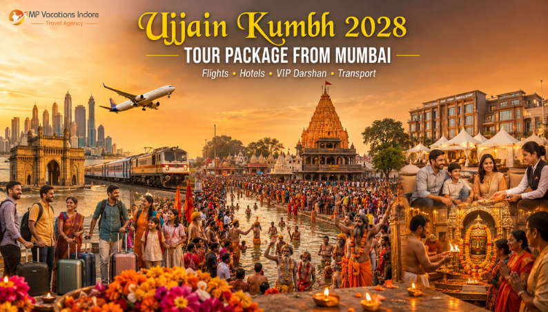 Mumbai pilgrims travelling to Ujjain Kumbh 2028 with flights, trains, Mahakaleshwar Temple, Kshipra River, accommodation and VIP darshan services.