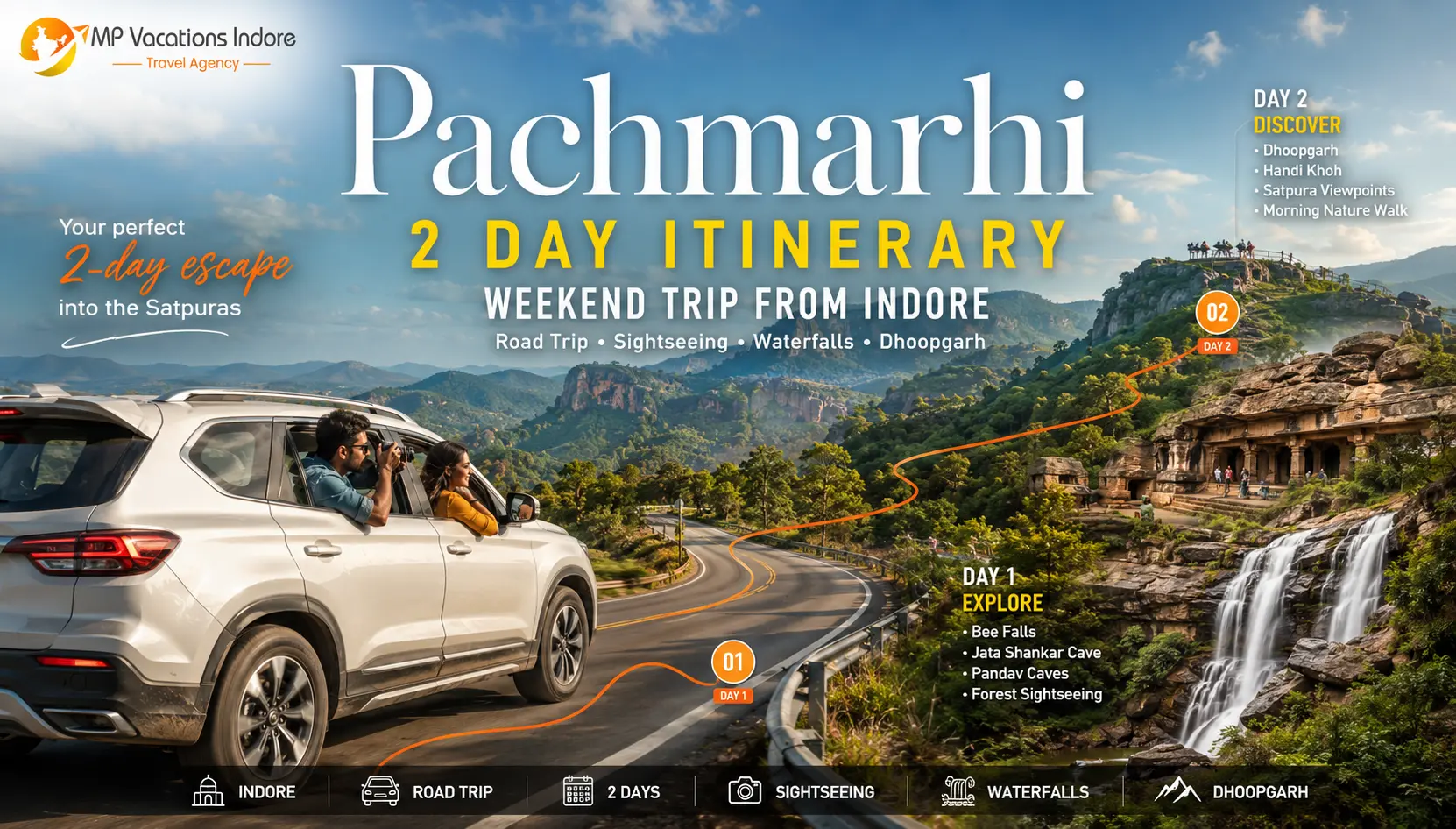 Pachmarhi 2 day itinerary from Indore covering Dhoopgarh, Bee Falls and scenic Satpura hills